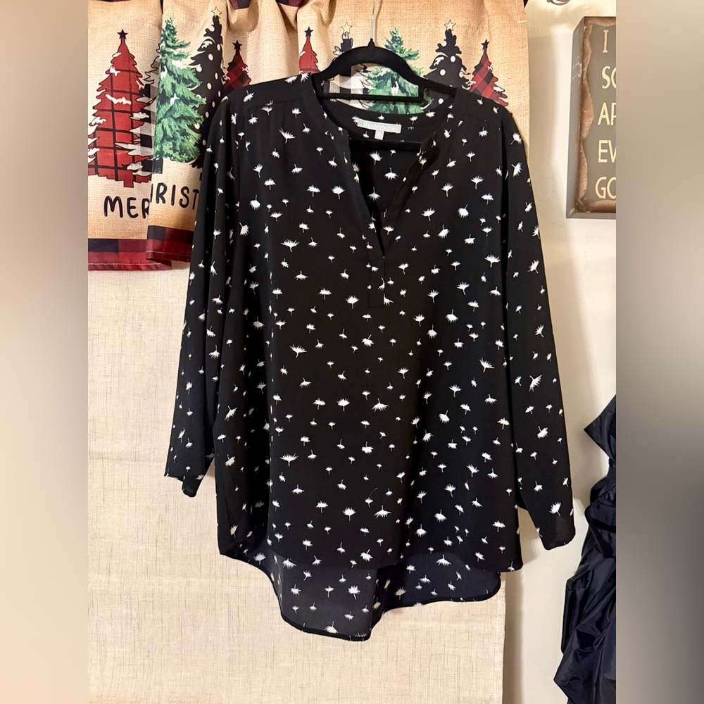 Daniel Rainn Black & White Patterned Silky Blouse Top, Adjustable Sleeves, XXL
